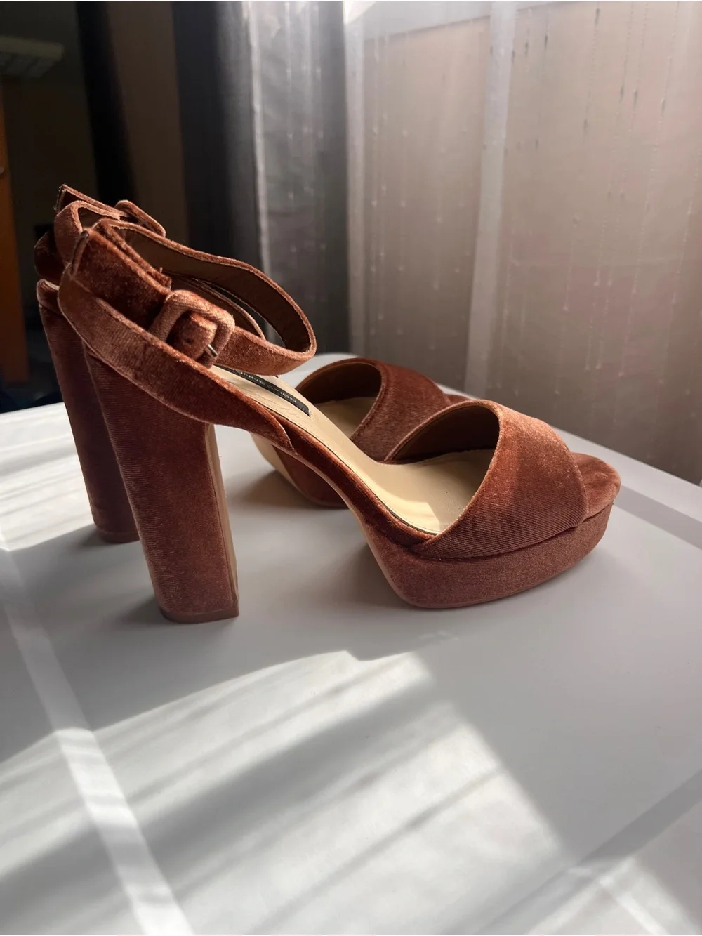 French Connection Taryn Copper Brown Velvet Platform Ankle-Strap Heels